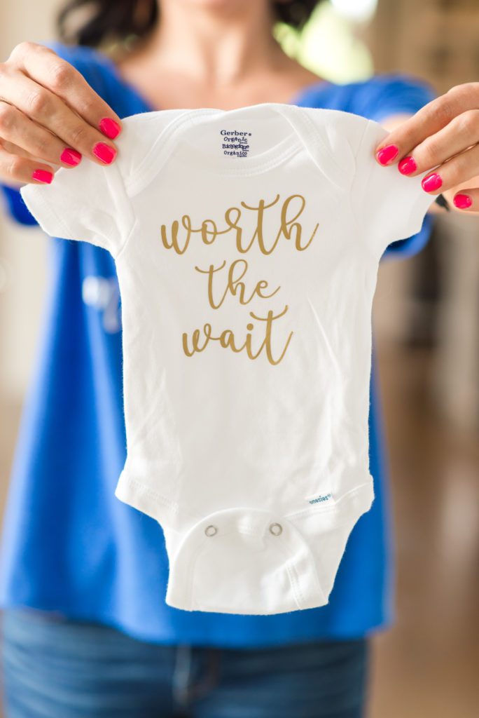 Worth the Wait baby onesie Moms in the Making Ministry. Branding Shoot checklist ideas.