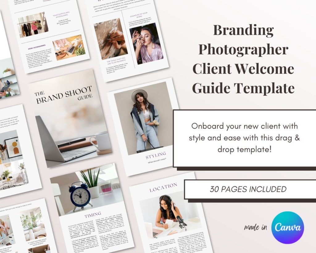 branding photographer client welcome guide canva template